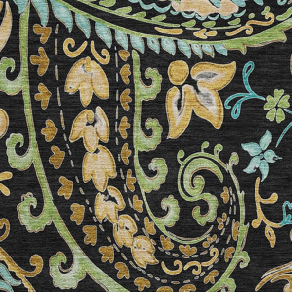 HomeRoots 8' Vibrant Black Blue Green Paisley Washable Round Rug with UV Protection for Easy Care & Style 647953