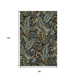 HomeRoots 8' X 10' Washable Paisley Area Rug in Black, Blue & Green - UV Protected, Durable, Stylish Home Decor 647954