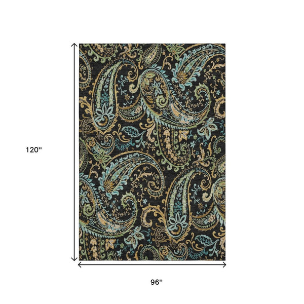 HomeRoots 8' X 10' Washable Paisley Area Rug in Black, Blue & Green - UV Protected, Durable, Stylish Home Decor 647954