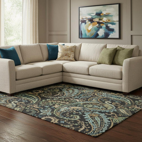 HomeRoots 8' X 10' Washable Paisley Area Rug in Black, Blue & Green - UV Protected, Durable, Stylish Home Decor 647954