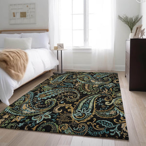 HomeRoots 8' X 10' Washable Paisley Area Rug in Black, Blue & Green - UV Protected, Durable, Stylish Home Decor 647954
