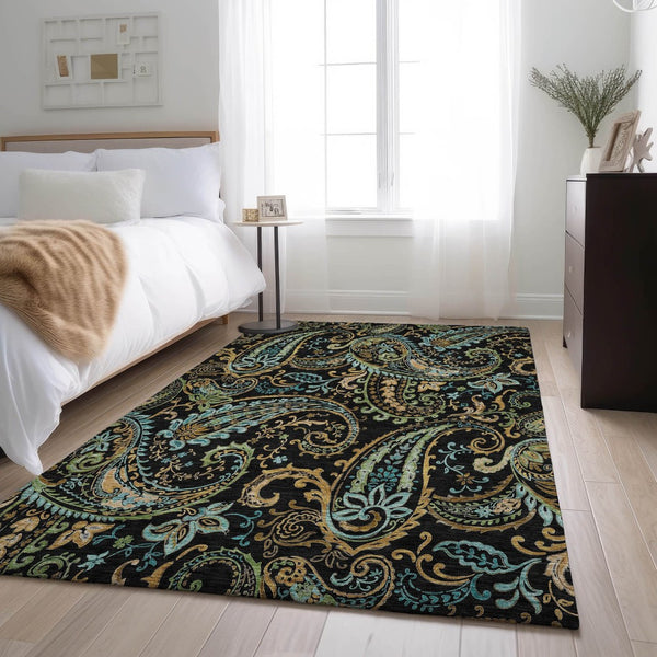 HomeRoots 8' X 10' Washable Paisley Area Rug in Black, Blue & Green - UV Protected, Durable, Stylish Home Decor 647954
