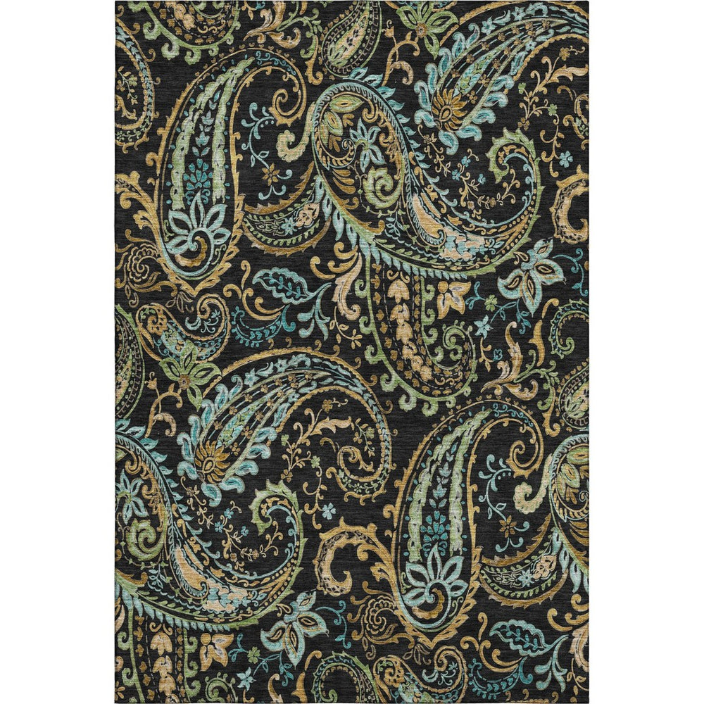 HomeRoots 8' X 10' Washable Paisley Area Rug in Black, Blue & Green - UV Protected, Durable, Stylish Home Decor 647954