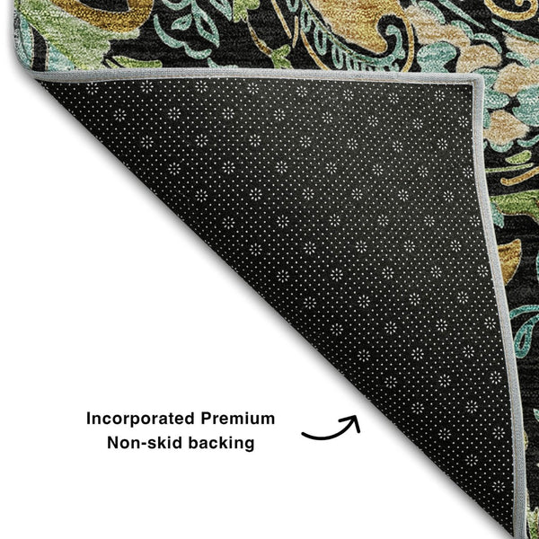 HomeRoots 8' X 10' Washable Paisley Area Rug in Black, Blue & Green - UV Protected, Durable, Stylish Home Decor 647954