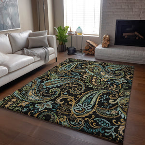 HomeRoots 8' X 10' Washable Paisley Area Rug in Black, Blue & Green - UV Protected, Durable, Stylish Home Decor 647954