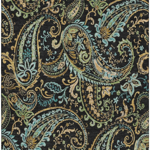 HomeRoots 8' X 10' Washable Paisley Area Rug in Black, Blue & Green - UV Protected, Durable, Stylish Home Decor 647954