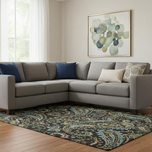 HomeRoots 9' X 12' Washable Paisley Area Rug in Black, Blue, and Green - Stain Resistant with UV Protection! 647955