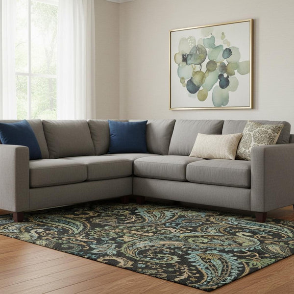 HomeRoots 9' X 12' Washable Paisley Area Rug in Black, Blue, and Green - Stain Resistant with UV Protection! 647955