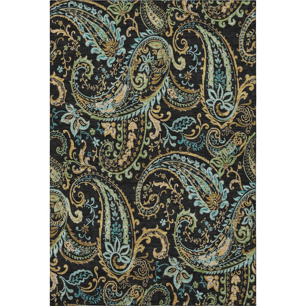 HomeRoots 9' X 12' Washable Paisley Area Rug in Black, Blue, and Green - Stain Resistant with UV Protection! 647955
