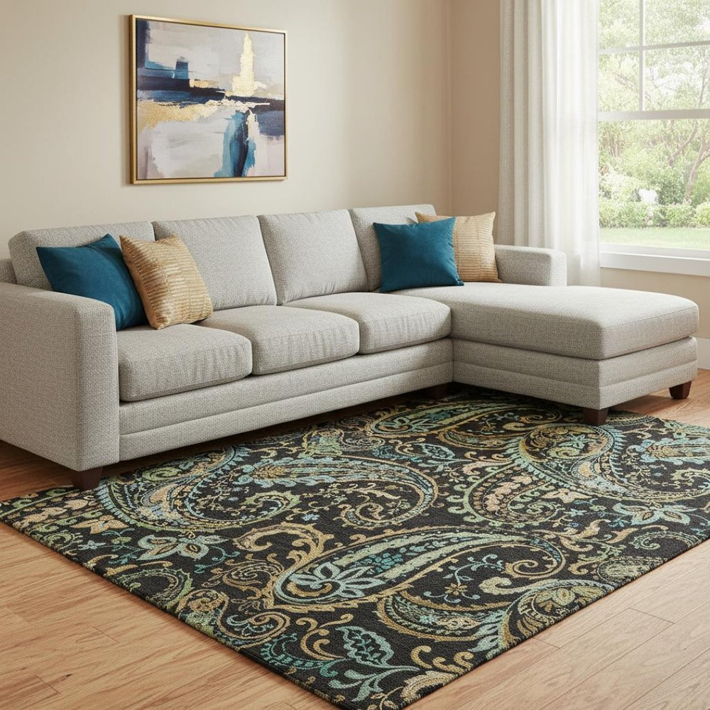 HomeRoots 10' X 14' Washable Paisley Area Rug in Black, Blue, and Green – Stylish, Stain-Resistant, UV Protected! 647956