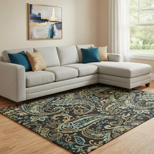 HomeRoots 10' X 14' Washable Paisley Area Rug in Black, Blue, and Green – Stylish, Stain-Resistant, UV Protected! 647956