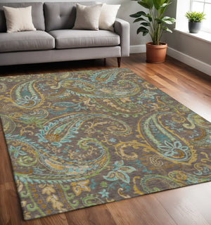 HomeRoots 5' X 8' Washable Paisley Area Rug in Chocolate, Blue & Green - UV Protected, Durable & Stylish 647958