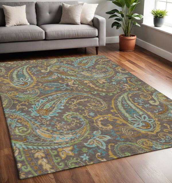 HomeRoots 5' X 8' Washable Paisley Area Rug in Chocolate, Blue & Green - UV Protected, Durable & Stylish 647958
