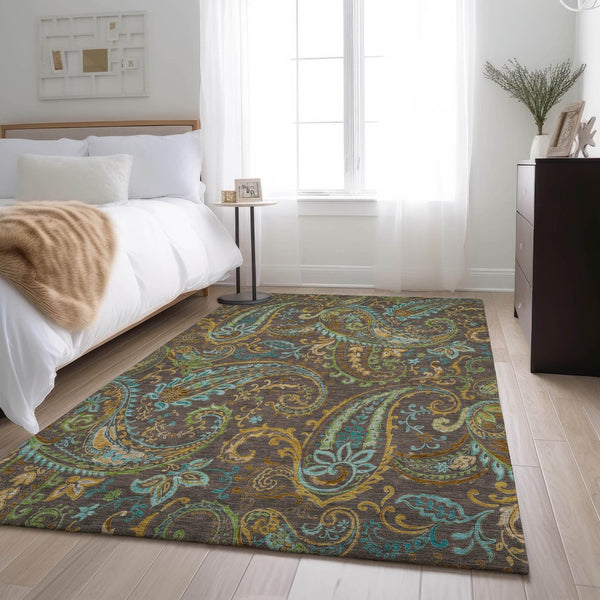 HomeRoots 5' X 8' Washable Paisley Area Rug in Chocolate, Blue & Green - UV Protected, Durable & Stylish 647958