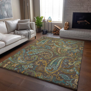 HomeRoots 5' X 8' Washable Paisley Area Rug in Chocolate, Blue & Green - UV Protected, Durable & Stylish 647958