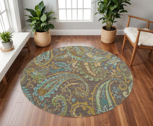 HomeRoots 8' Stylish Washable Round Rug with Paisley Design in Chocolate, Blue & Green - UV Protected & Durable 647959