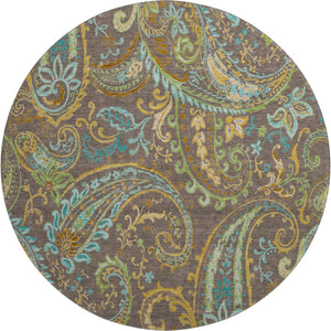 HomeRoots 8' Stylish Washable Round Rug with Paisley Design in Chocolate, Blue & Green - UV Protected & Durable 647959
