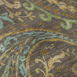HomeRoots 8' Stylish Washable Round Rug with Paisley Design in Chocolate, Blue & Green - UV Protected & Durable 647959
