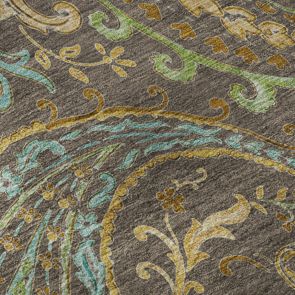 HomeRoots 8' Stylish Washable Round Rug with Paisley Design in Chocolate, Blue & Green - UV Protected & Durable 647959