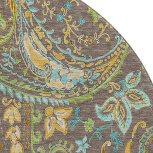 HomeRoots 8' Stylish Washable Round Rug with Paisley Design in Chocolate, Blue & Green - UV Protected & Durable 647959
