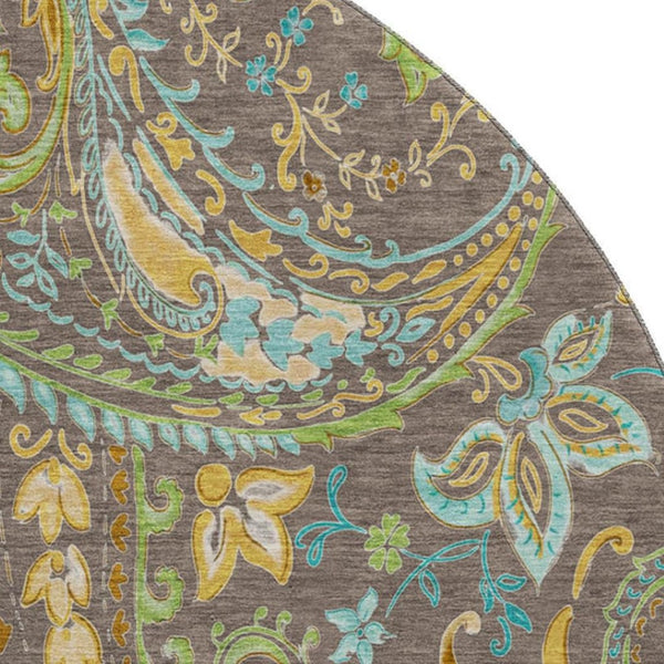 HomeRoots 8' Stylish Washable Round Rug with Paisley Design in Chocolate, Blue & Green - UV Protected & Durable 647959