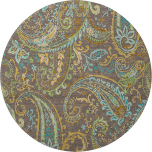 HomeRoots 8' Stylish Washable Round Rug with Paisley Design in Chocolate, Blue & Green - UV Protected & Durable 647959