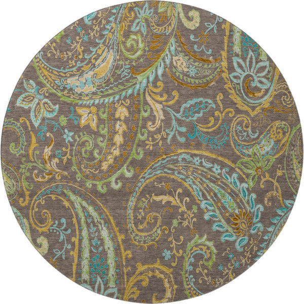 HomeRoots 8' Stylish Washable Round Rug with Paisley Design in Chocolate, Blue & Green - UV Protected & Durable 647959