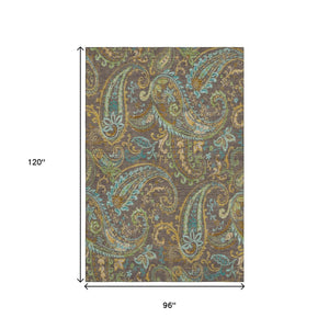 HomeRoots 8' X 10' Washable Paisley Area Rug in Chocolate, Blue & Green - UV Protection & Stain-Resistant! 647960