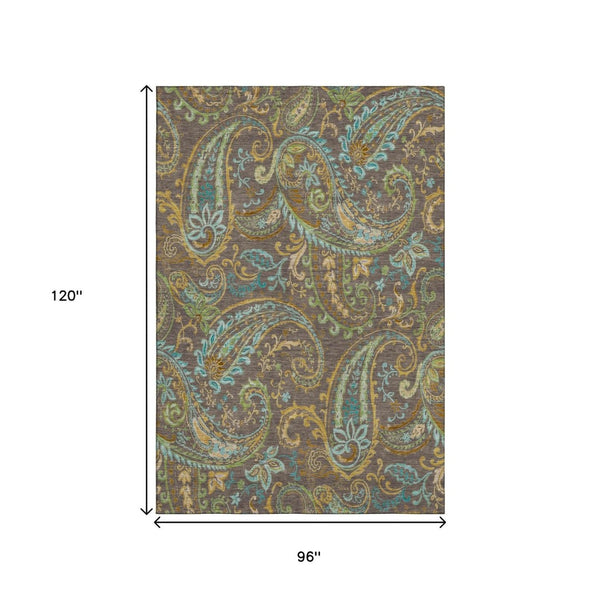 HomeRoots 8' X 10' Washable Paisley Area Rug in Chocolate, Blue & Green - UV Protection & Stain-Resistant! 647960