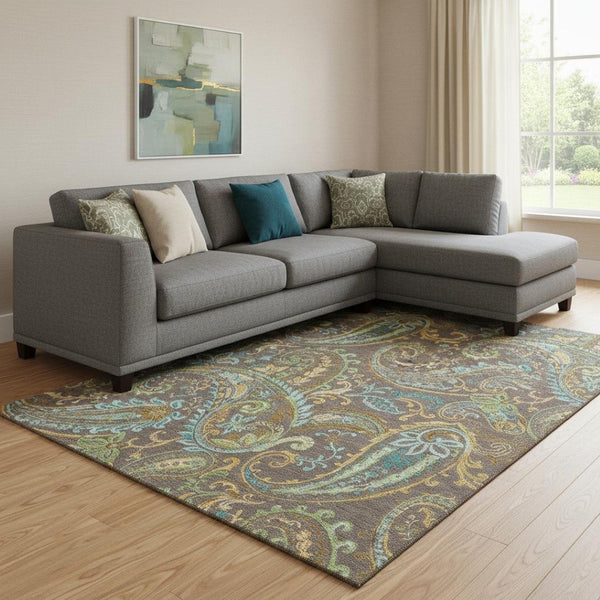 HomeRoots 8' X 10' Washable Paisley Area Rug in Chocolate, Blue & Green - UV Protection & Stain-Resistant! 647960