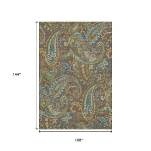 HomeRoots 9' X 12' Chocolate Paisley Area Rug – Durable, Washable Design with UV Protection for High-Traffic Spaces 647961