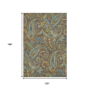 HomeRoots 10' X 14' Chocolate Blue and Green Paisley Area Rug - Washable, Stain Resistant, UV Protected Design 647962