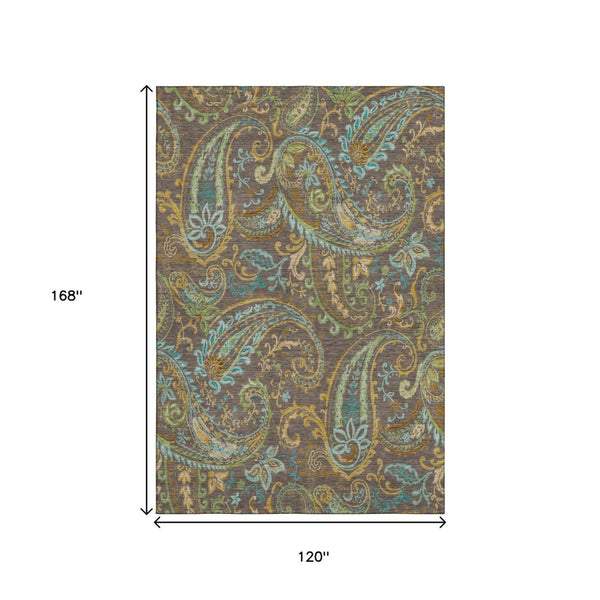 HomeRoots 10' X 14' Chocolate Blue and Green Paisley Area Rug - Washable, Stain Resistant, UV Protected Design 647962