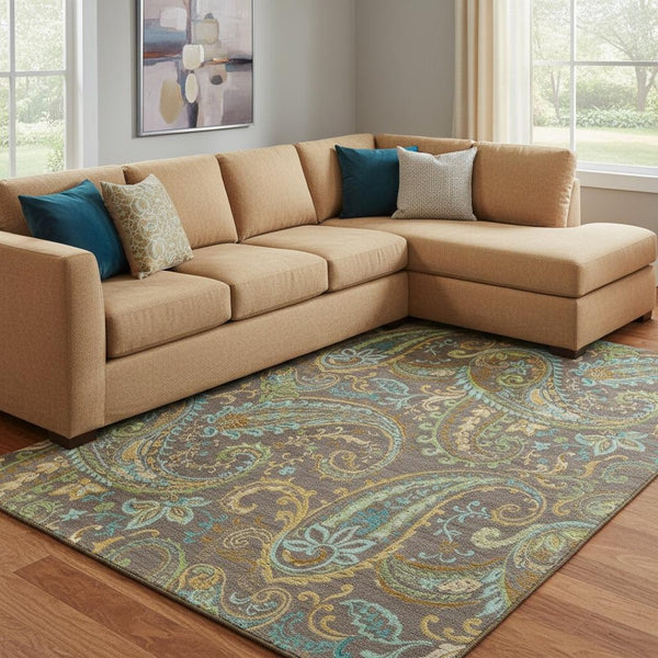 HomeRoots 10' X 14' Chocolate Blue and Green Paisley Area Rug - Washable, Stain Resistant, UV Protected Design 647962