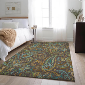 HomeRoots 10' X 14' Chocolate Blue and Green Paisley Area Rug - Washable, Stain Resistant, UV Protected Design 647962