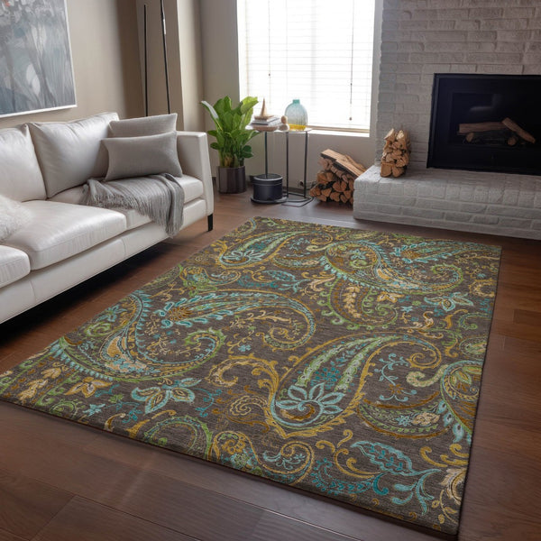 HomeRoots 10' X 14' Chocolate Blue and Green Paisley Area Rug - Washable, Stain Resistant, UV Protected Design 647962