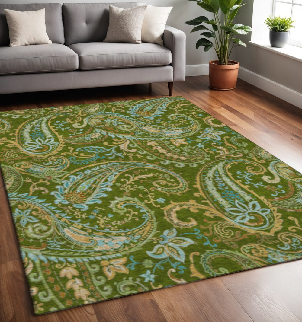 HomeRoots 5' X 8' Green and Blue Paisley Washable Area Rug with UV Protection - Perfect for High-Traffic Spaces! 647970