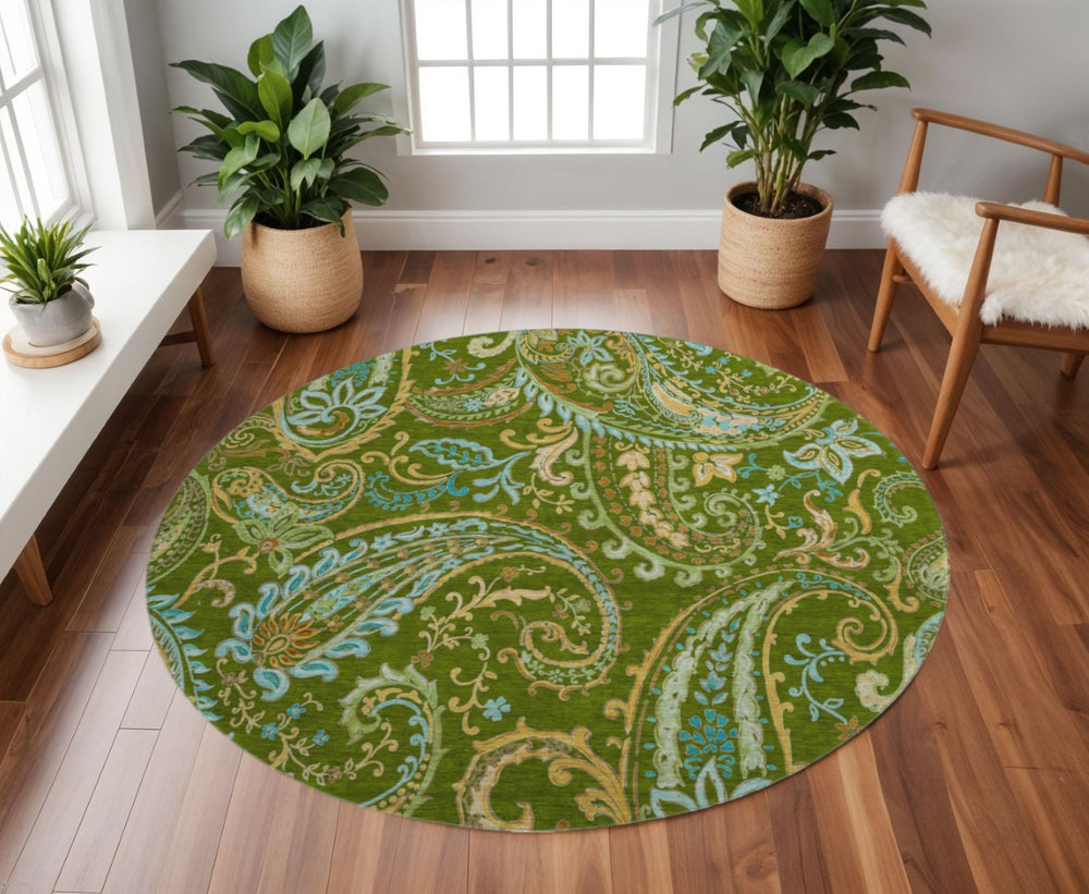 HomeRoots 8' Green and Blue Paisley Washable Round Rug with UV Protection – Durable, Stylish, and Easy Care! 647971