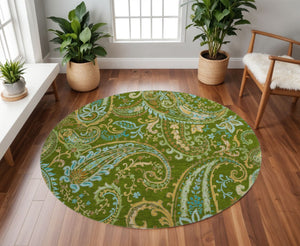 HomeRoots 8' Green and Blue Paisley Washable Round Rug with UV Protection – Durable, Stylish, and Easy Care! 647971