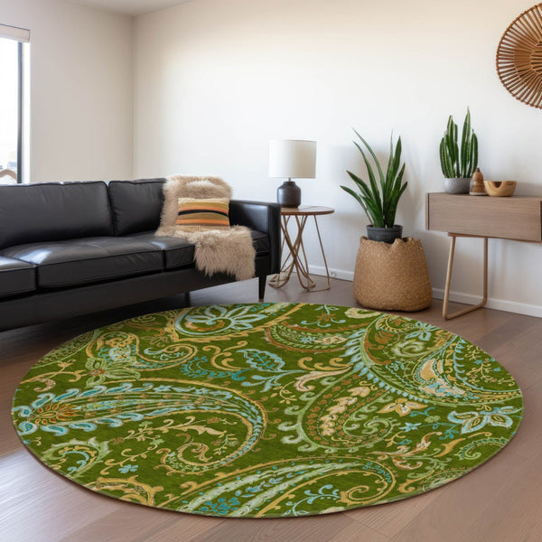 HomeRoots 8' Green and Blue Paisley Washable Round Rug with UV Protection – Durable, Stylish, and Easy Care! 647971