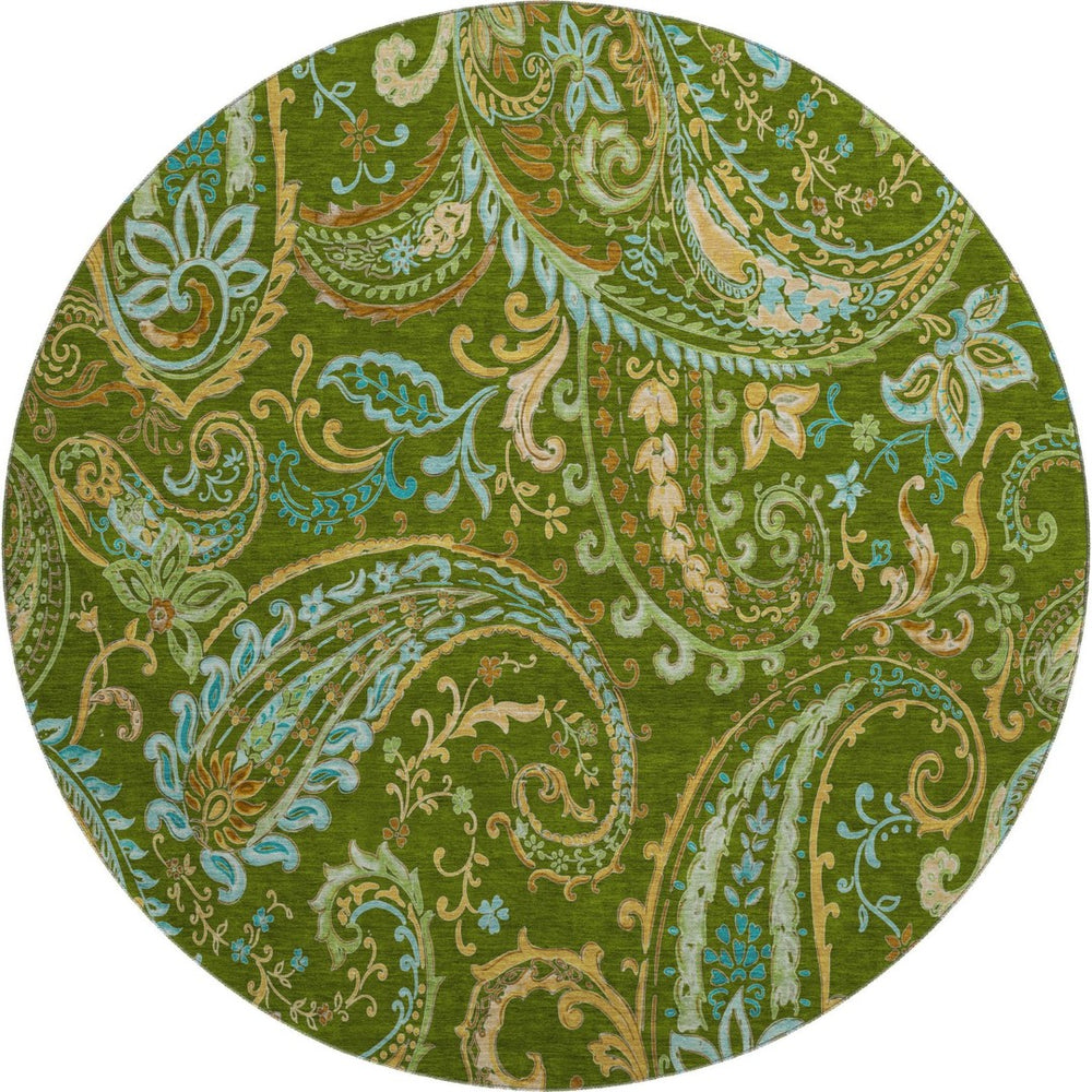 HomeRoots 8' Green and Blue Paisley Washable Round Rug with UV Protection – Durable, Stylish, and Easy Care! 647971