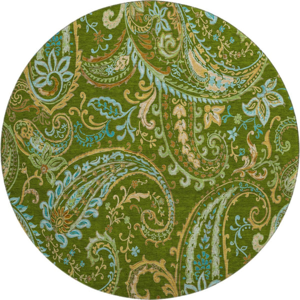 HomeRoots 8' Green and Blue Paisley Washable Round Rug with UV Protection – Durable, Stylish, and Easy Care! 647971