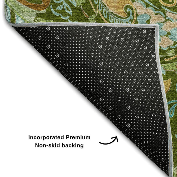 HomeRoots 8' Green and Blue Paisley Washable Round Rug with UV Protection – Durable, Stylish, and Easy Care! 647971