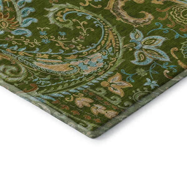 HomeRoots 8' Green and Blue Paisley Washable Round Rug with UV Protection – Durable, Stylish, and Easy Care! 647971