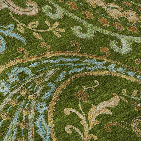 HomeRoots 8' Green and Blue Paisley Washable Round Rug with UV Protection – Durable, Stylish, and Easy Care! 647971