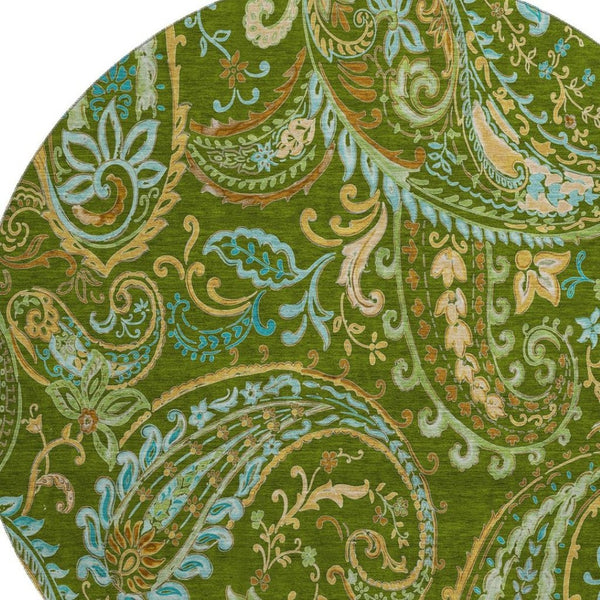 HomeRoots 8' Green and Blue Paisley Washable Round Rug with UV Protection – Durable, Stylish, and Easy Care! 647971