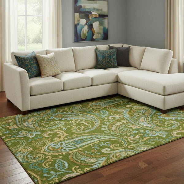 HomeRoots 8' X 10' Green & Blue Paisley Washable Area Rug - Durable, UV-Protected, Perfect for High-Traffic Spaces! 647972