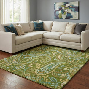 HomeRoots 9' X 12' Stylish Green and Blue Paisley Washable Area Rug with UV Protection for High-Traffic Spaces 647973