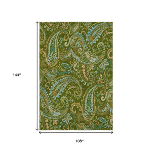 HomeRoots 9' X 12' Stylish Green and Blue Paisley Washable Area Rug with UV Protection for High-Traffic Spaces 647973