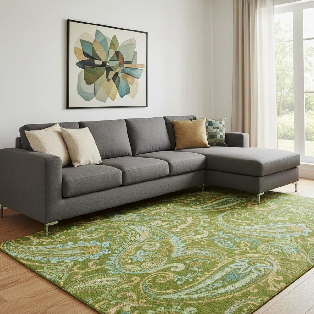 HomeRoots 10' X 14' Green and Blue Paisley Area Rug - Washable, UV Protected, Stain Resistant for Busy Homes 647974